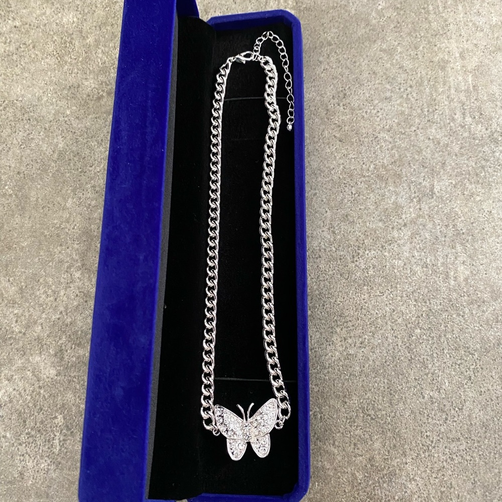 Sterling Silver Diamond Butterfly Cuban Chain Necklace for Women and Men. New.